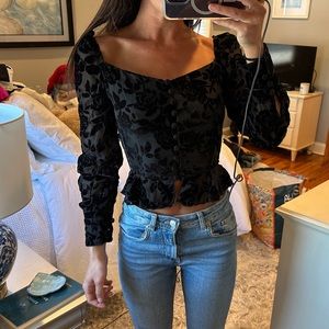 Lioness Black Velvet Button Long Sleeve Blouse